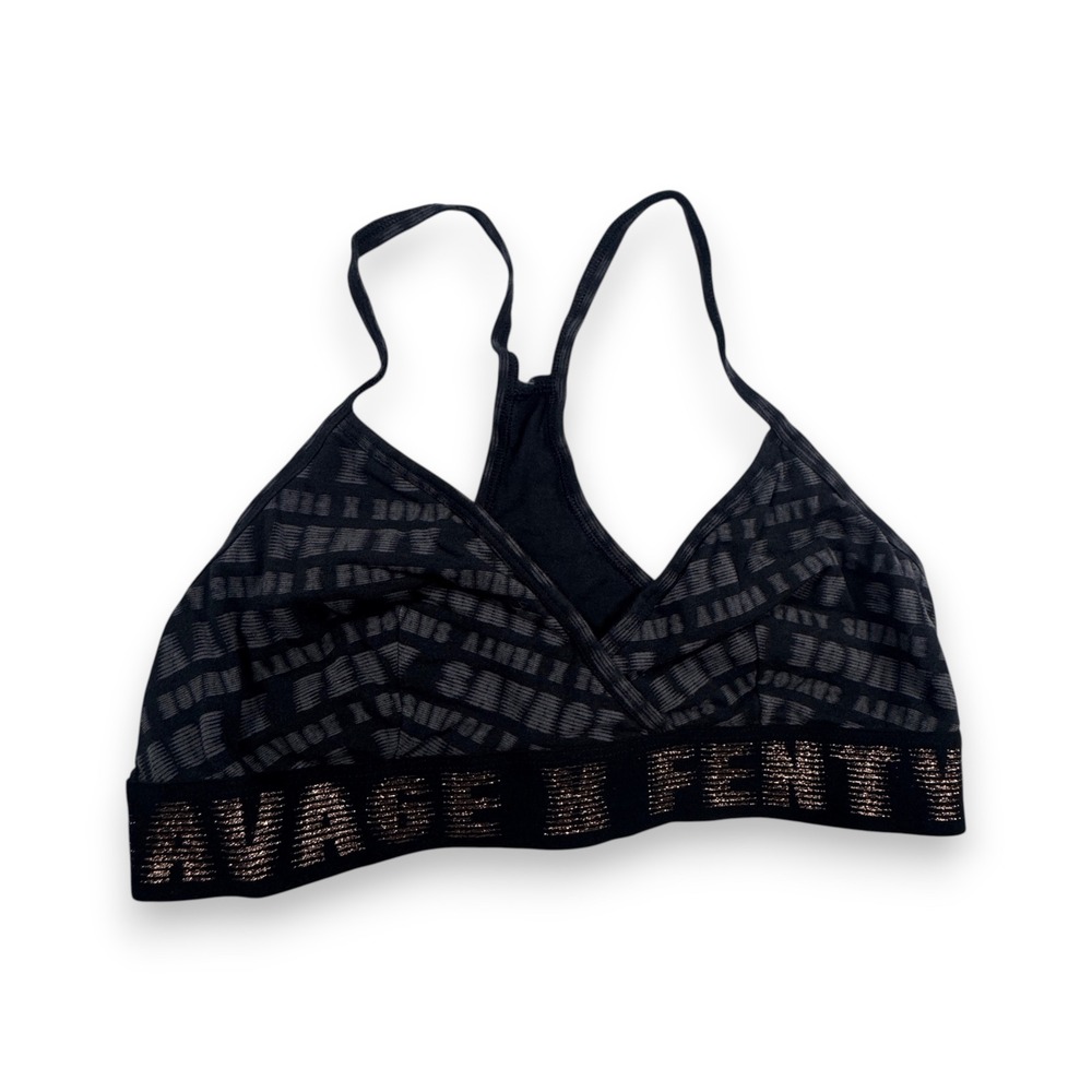 Savage X Fenty Bralette Logo Print Metallic Band Racerback Womens Black XL